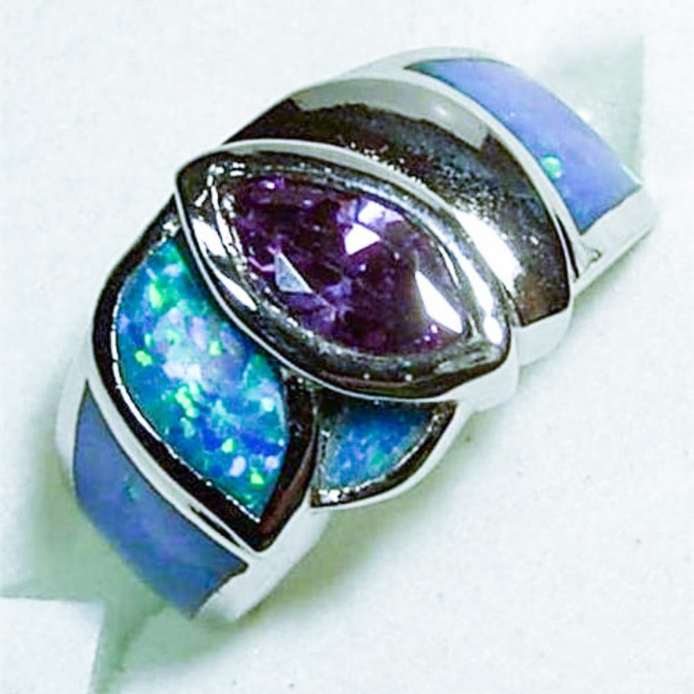 925 STERLING SILVER BLUE FIRE OPAL AMETHYST RING - SIZE 7 - NEW!!